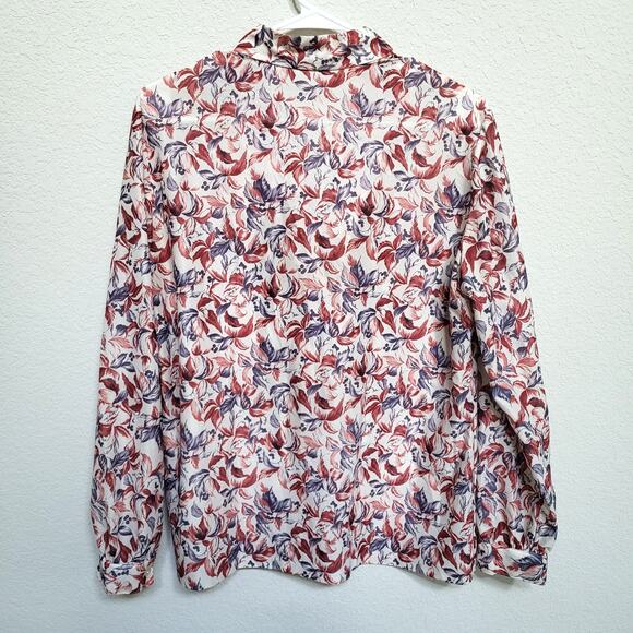 Tan Jay Vintage Blouse Womens Large Floral V Neck Tie Bow Neck Rust 70s 80s Fall - Picture 3 of 12